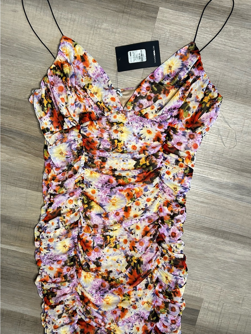 Fashion Nova Floral Ruched Mini Dress in Orange, Purple, Yellow